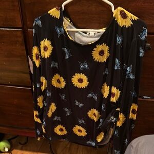 Yellow and Brown Relaxed Blouse with Sunflower Print
